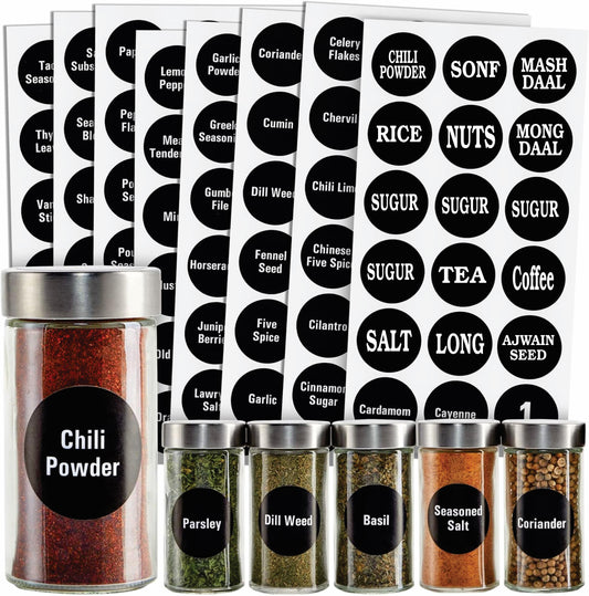 20-piece Masala Sticker Set. Each sticker includes  like Haldi, Mirch, Zeera, Dhania, and Garam Masala. Waterproof, oil-resistant, and perfect for desi kitchens.  stylish look. Ideal for plastic, glass, or steel jars.