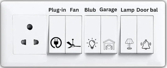 40 pcs waterproof labels for electric switches in homes, offices, and schools. Includes names like Light, Fan, AC, Bell, WiFi, and more. Easy to apply, long-lasting, and stylish. Organize every switchboard with Perfect for clean, modern wall decor